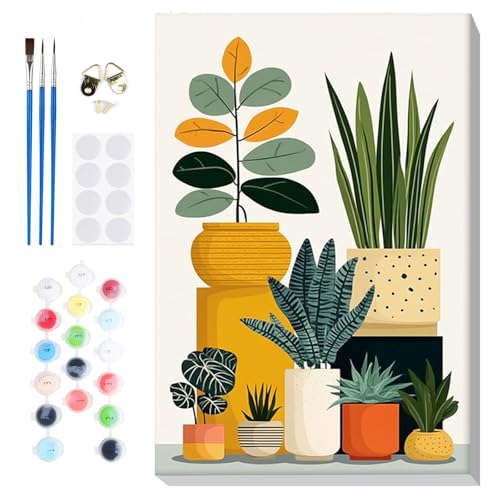 Bowetile Framed Paint by Numbers Flower Kit for Adults, Adults' Paint-by-Number Kits on Canvas, Painting by Numbers Flower Pot, DIY Acrylic Number Painting for Home Wall Decor, 8x12in - color: Flower Pot
