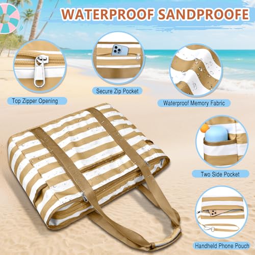 Extra Large Beach Bags for Women, Waterproof Sandproof Beach Tote Bag Foldable Swim Pool Bag with Zipper and Wet Pocket - color: Brown White