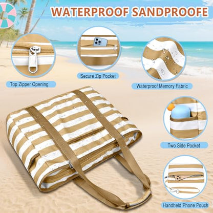 Extra Large Beach Bags for Women, Waterproof Sandproof Beach Tote Bag Foldable Swim Pool Bag with Zipper and Wet Pocket - color: Brown White