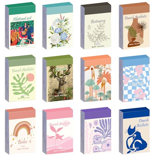 12 Sets 600 Sheets Washi Stickers for Journaling, Boho, Abstract, Vintage Scrapbook Sticker Set for Bullet Journal Art Diary Card Craft Gifts Planner Notebook - style: Abstract Style