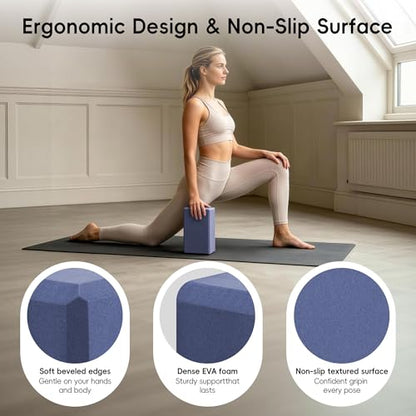 High Density EVA Yoga Blocks 2 Pack, 280g Pro-Level Exercise Brick (46-50 Shore C Firmness), Odor-Free & Non-Slip Foam Props for Yoga, Pilates & Stretching - color: dark blue