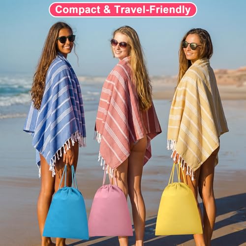 Peryiter 8 Pcs Oversized Cotton Turkish Beach Towels with Storage Bags – Stripe, Quick Dry, Sand-Free, Lightweight 39×71 Inch Towels for Pool, Beach, Yoga, Camping, Spa