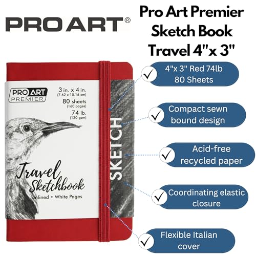 Pro Art Premier Sketch Book Travel 4"x 3" White 74lb Red 80 Sheets, Sketch Book, Sketchbook, Drawing Pad, Pad, Drawing Paper, Art Book, Paper, Sketchbook for - color: 3x4 Red