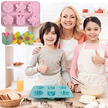 Sakolla 6-Cavity Flower Soap Molds Silicone, 2 Pack Tulip Different Flower Shapes Silicone Molds for Soap, Lotion Bar, Bath Bombs, Chocolate, Candy Baking Molds Jelly, Ice Cube Tray - color: Tulip Flower/Pink & Blue