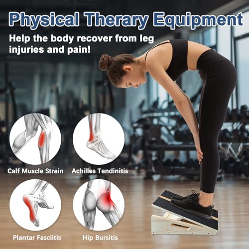 Adjustable Foot Incline Wooden Slant Board for Calf Stretching,440lb Capacity, Balance Velour Stretcher Ankle Stretch Knee Leg Boards Squats Wedge Exercise Fitness Equipment(Side Handle Slant Board)