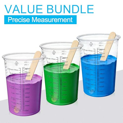 50 Pack Epoxy Mixing Cups 20 oz (600 ml) | Disposable Measuring Cups with 50 Wooden Stir Sticks, Measurement Ratios: 1:1, 2:1, 3:1, 4:1 for Resin, Liquid and Paint