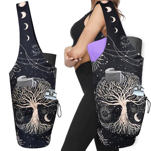 Yoga Mat Bag - Large Opening Long Tote Yoga Mat Carrier Holder Bag with Waterproof Wet Zipper Pocket and Drawstring Water Bottle Pocket - Yoga Bag Fit Most Size Mats - color: Tree of Life
