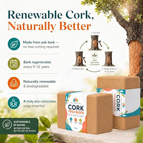 2 Pack Natural Cork Yoga Blocks, High Density Non-Slip Yoga Bricks for Pilates, Stretching, Balance and Flexibility Training - size: 9 x 6 x 3 Inch High Density