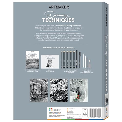 Hinkler Art Maker: Drawing Techniques - Complete Studio Starter Kit, Instruction Book, Sketchbook, Graphite Pencils, Charcoal Pencils, Tools & Supplies, Adult