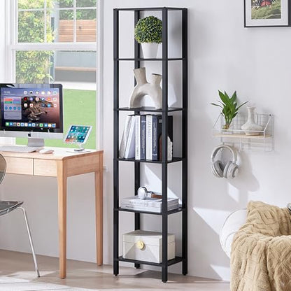 YUFAM 6 Tier Tall Skinny Bookshelf, Narrow Bookcase, Wooden Shelf, Black - color: Black, size: 6-Tier