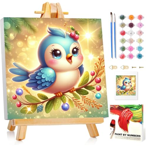Bird Paint by Numbers Kit for Kids, 8x8 inch | DIY Paint by Numbers for Kids, Ages 4-8-12, with Frame, Wooden Easel, Gifts Box, Fun and Relaxing,Home Wall Decor - color: Bird