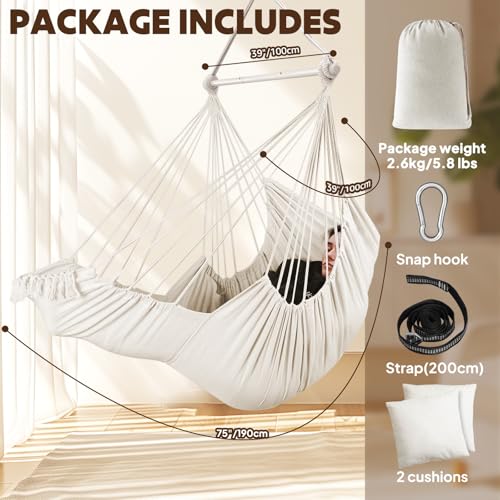 Chihee Hammock Chair Foot Rest 2 Cushions Max 485 lbs Metal Spreader Bar | Robust Hanging Chair Soft Cotton Blended Swing Collapsible Easy Storage Strong Strap Iron Carabiner Pocket Indoor Outdoor - color: Creamy White