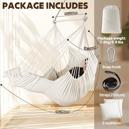 Chihee Hammock Chair Foot Rest 2 Cushions Max 485 lbs Metal Spreader Bar | Robust Hanging Chair Soft Cotton Blended Swing Collapsible Easy Storage Strong Strap Iron Carabiner Pocket Indoor Outdoor - color: Creamy White