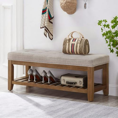 24KF Large Rectangular Upholstered Tufted Linen Fabric Ottoman Bench, Padded Bench with Solid Wood Shelf-Linen - color: Linen-bench, size: 16"D x 44"W x 18"H