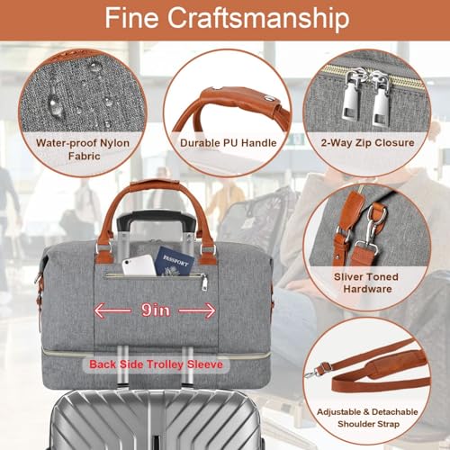ITIEZY Weekender Bag for Women 21.5" Travel Duffel Large Carry On Bag 3PCS | Nylon Duffel Bag with Waterproof Shoe Compartment, Crossbody Bag and Toiletry Bag, Travel Weekend Hospital Overnight Gym Bag - color: 1-Grey