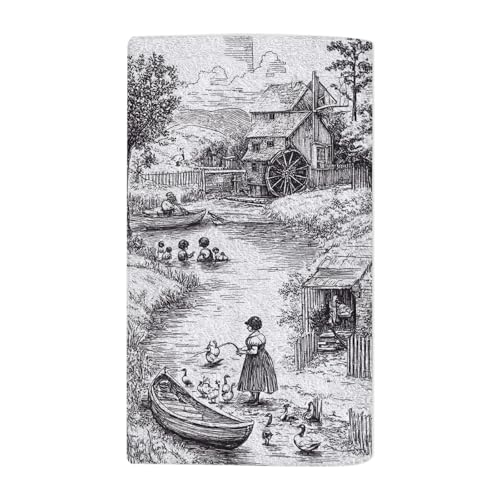 Classic Old Town Beach Towel Village Arcadian Scenes of Fishing Goose Watermill Face Towels Suit Travel Sports Pool Swimming Bath Camping Spa Gym Yoga,15x30 Inch - color: Classic Old Town