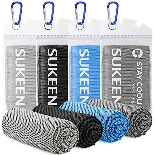 Sukeen 4 Pack Cooling Towels (40"x12") for Neck and Face Instant Cooling | Stay Cool in Hot Weather,Versatility,Soft,Breathable,Durability for Sports,Outdoor activities,Summer works in heat - color: Blue/Light Grey/Black/Dark Grey