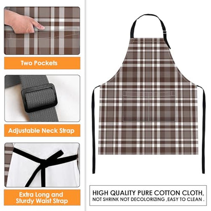 Apron with Pockets, 32x28 inch, 2 Pack, Checkered | Brown Green Plaid Grid Adjustable Bib with Pockets for Women Men Couple Lovers Chef Home Baking Gardening - color: Dark Brown Green