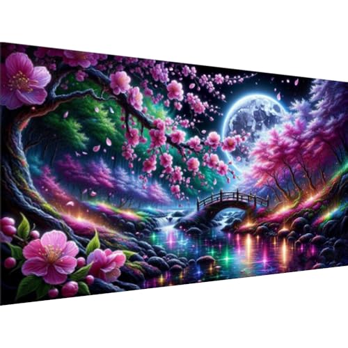 COHAYISY Flowers 5D Large Diamond Painting,Cherry Scenery with Moon Large Diamond Art Kits for Adults, DIY Round Full Drill Crystal Rhinestone Arts and Crafts Home Wall Decor 27.5 X 15.7inch - color: 25-49 Cherry with Moon