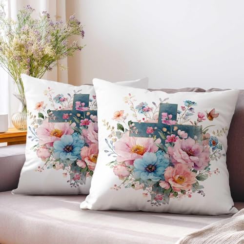 Floral Cross Throw Pillow Covers 18x18 Set of 2 | Christian Faith Decorative Cushion Covers | Pink Blue Floral Pillowcases for Sofa Couch Bed Living Room Bedroom Home Decor - color: Cross Floral