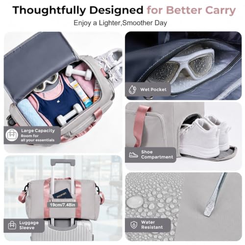FIORETTO Women's Gym Duffle Bag with Shoes Compartment, 30L Capacity, Ideal for Travel, Gym, Sports, Duffel, Weekender - color: Grey & Pink, style: Gym Bag