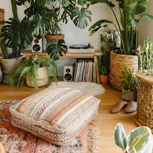 Mandala Life ART Bohemian Floor Cushion Cover - Pure Wool and Cotton Mix - 24x24x8 inches -Filler not Included - Artisan Hand Embroidery Patch Work - Boho Chic Luxury Moroccan Pouf Cover - color: Jaipur