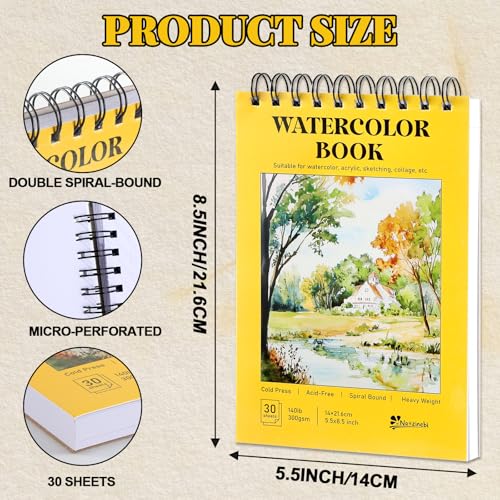Watercolor Paper Pad 3 Pack 5.5" x 8.5" Sketch Book 90 Sheets 140lb (300gsm) Spiral Bound Acid-Free Heavyweight Water Color Paper for Adults Kids Beginners Artists Students Mixed Media Markers