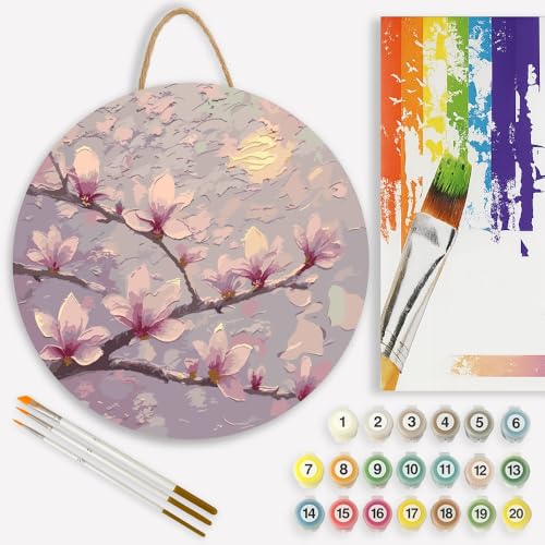 Cherry Blossom Paint by Numbers Kit for Adults on Wood Board – DIY Moonlit Floral on the Branches Wood Craft Painting Kit, 12 in Round, Acrylic Paint Set, Beginner-Friendly, Relaxing Home Decor Gift - color: FM04290