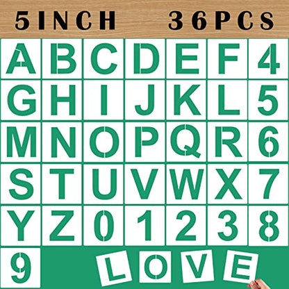 36 Pcs 5'' Large Letter & Number Stencils, Alphabet Art Craft Stencils, Reusable Plastic Letter & Number Templates for Painting on Wood, Wall, Fabric, Rock, Chalkboard, Glass - color: 5 inch