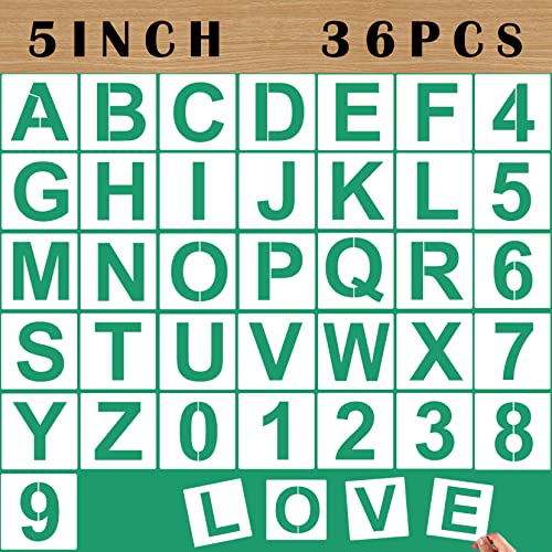 36 Pcs 5'' Large Letter & Number Stencils, Alphabet Art Craft Stencils, Reusable Plastic Letter & Number Templates for Painting on Wood, Wall, Fabric, Rock, Chalkboard, Glass - color: 5 inch