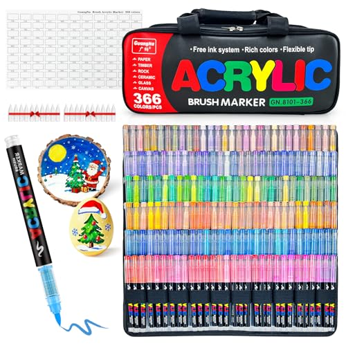 Guangna 366 Acrylic Paint Markers, Brush Tip Acrylic Paint Pens, Quick-Drying Waterproof Ink, for Rock Painting Plastic Wood Canvas Glass Ceramic Metal Art Crafts Supplies Gift - color: 366 Colors