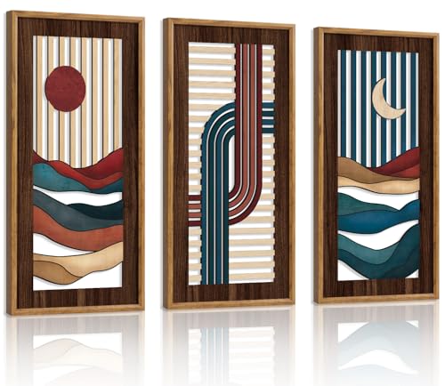 HPNIUB 3PCS Boho Abstract Wood Wall Art, Modern Geometric Artwork Bohemian Sun and Moon Wall Decor, Rustic Minimalist Line Mid-century Hanging Decor for Living Room Bedroom Apartment(8x16Inch) - color: Bohemian Sun&Moon Wooden Wall Art