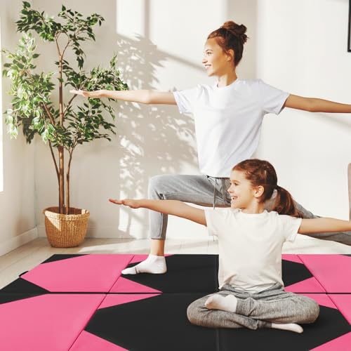 Giantex 4'x10'x 2" Gymnastics Mat, 4-Panel Folding Aerobics Exercise Mat w/Hook & Loop Fastener, Carrying Handle, Portable Tumbling Mat for Stretching Yoga Cheerleading Martial Arts - color: Rose/Black