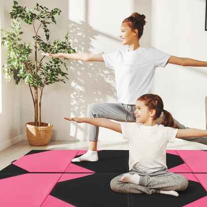 Giantex 4'x10'x 2" Gymnastics Mat, 4-Panel Folding Aerobics Exercise Mat w/Hook & Loop Fastener, Carrying Handle, Portable Tumbling Mat for Stretching Yoga Cheerleading Martial Arts - color: Rose/Black