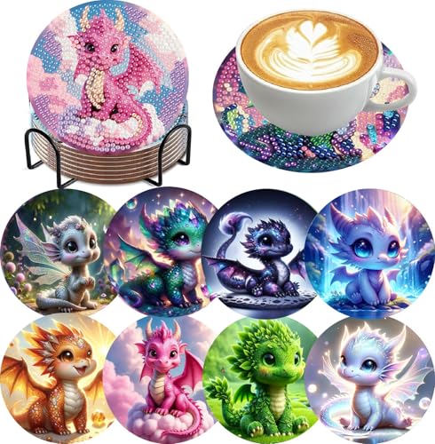 Mrnsiet 8PCS Diamond Art Coasters with Holder, DIY Dragon Diamond Painting Coasters Kits for Adults, Non Slip Cute Dragon Mosaic Dot Painting Coaster Gift Set for Beginners 4x4 Inch - color: BDWY353-US