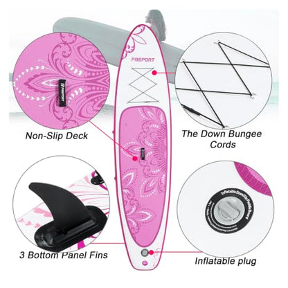 FBSPORT 11' Premium Stand Up Paddle Board, Yoga Board with SUP Accessories & Carry Bag | Wide Stance, Surf Control, Non-Slip Deck, Leash, Paddle and Pump for Youth & Adult - color: PurpleWhite
