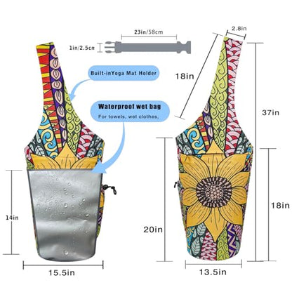 Yoga Mat Bag - Large Opening Long Tote Yoga Mat Carrier Holder Bag with Waterproof Wet Zipper Pocket and Drawstring Water Bottle Pocket - Yoga Bag Fit Most Size Mats - color: Sunflower