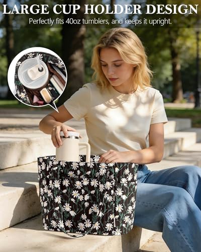 Bagstellar Quilted Tote Bag for Women Teacher Nurse Cotton Laptop Work Tote | Top Zip Closure Puffer Nursing School Travel Tote Bags with 40oz Cup Holder, Lightweight 14” Computer Shoulder Handbag Purses - color: Black Daisy