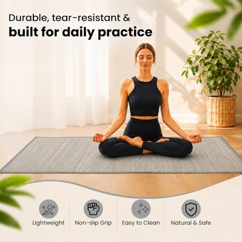LFH Home Handmade Straw Yoga Mat For Exercise, Workout, Fitness - Perfect Heavy Quality Eco Friendly Natural Straw Reversible Yoga Mat for Men & Women - 72x24 Inch - color: Lt. Grey