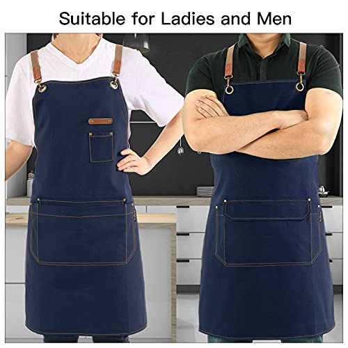 Chef Apron with Cross Back Straps for Men Women, Cotton Canvas Apron for Artists Painting, Kitchen Cooking - color: Navy Blue