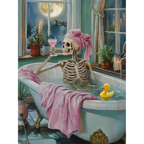 Skull Diamond Art Kits for Adults Funny Diamond Painting Kit for Beginner | Pink Tub Skeleton 5D DIY Diamond Dots Full Drill Crafts for Gem Art Dot Art for Adults Home Wall Decor for Teens 12x16 in - color: DP04360