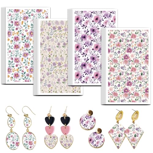 OLYCRAFT 24Pcs Purple Flower Clay Transfer Paper 4 Styles Transfers Paper for Polymer Pink Flower Polymer Clay Sheets Floral Theme Small Transfer Papers for Clay Earrings Jewelry Making - style: Purple Flower