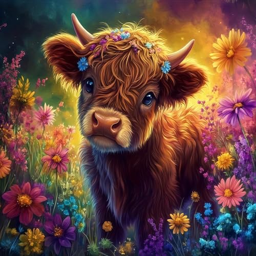 5D Highland Cow Diamond Art kits for Adults Beginners 13.7x 13.7 Inch | Animals Diamond Painting Kit DIY Full Round Drill Paint by Diamonds Dot Gem Art for Adult, Home Wall Decor - color: KM943-1