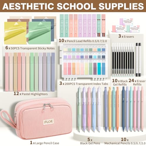 62PCS Aesthetic School Supplies Cute Back to School Supplies Stationary Set | College Preppy Essentials Kit with Large Pencil Pouch Case, Pastel Highlighters Gel Pens Mechanical Pencils for Student Girls - color: Pink