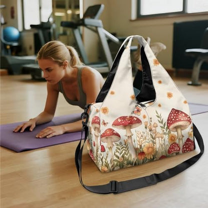 Gym Bag with Yoga Mat Holder Large Tote Bag With Multi Pockets for Women Men Dry Wet Separated Pocket Carryall Yoga Tote Bag for Pilates Travel Workout Office - color: Mushroom