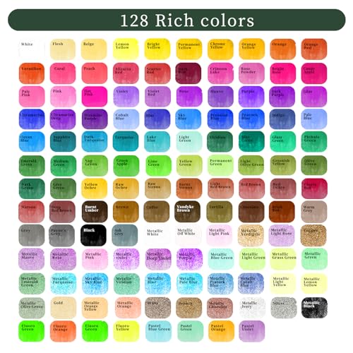 Artecho 128-Color Watercolor Paint Set with Metallics, Portable Tin Case | 128 Colors: 84 Classic, 36 Metallic, 4 Fluorescent & 4 Pastel; Water Brush, Nylon Brush, 10 Watercolor Sheets and Velvet Bag - style: 128 Colors