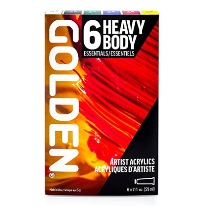 Golden Artist Color Heavy Body Acrylics, 6-Color Essentials Set, Professional Acrylic Paint Set, Set of 6 Tubes, 2 Fl. Oz. Each, with Golden Artist Tube Cap Opener Tool and Sticky Notes