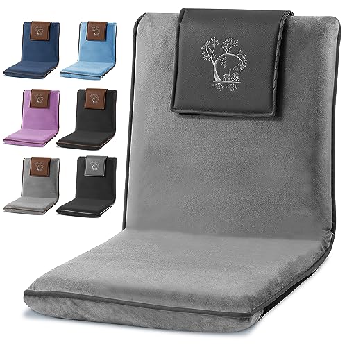 Adjustable Japanese Floor Chair for Adults - Meditation Chair with Back Support for Seating, Yoga & Gaming | Foldable Backjack Floor Chair with 6 Recline Positions, Thick Padding & Vegan - color: Grey Black, style: Square