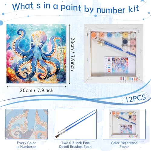 Nezyo 12 Sets Paint by Numbers with Frame, Ocean Animals Canvas 8x8 Inch | DIY Acrylic Number Painting for Beginners, Sea Life Designs, Includes Brushes Paints, Party Classroom Birthday Gift - style: Sea Creatures