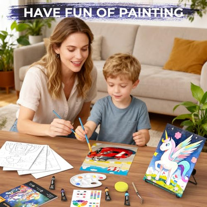 Nicpro 34PCS Kids Painting Set with Pattern Canvas for Beginner Students | 12 Acrylic Paints, 10 Brushes, 6 Canvas Panels, Table Easel, Paper Pad, Color Wheel, Palette, Art Painting Supplies Kit - color: 12 Colors